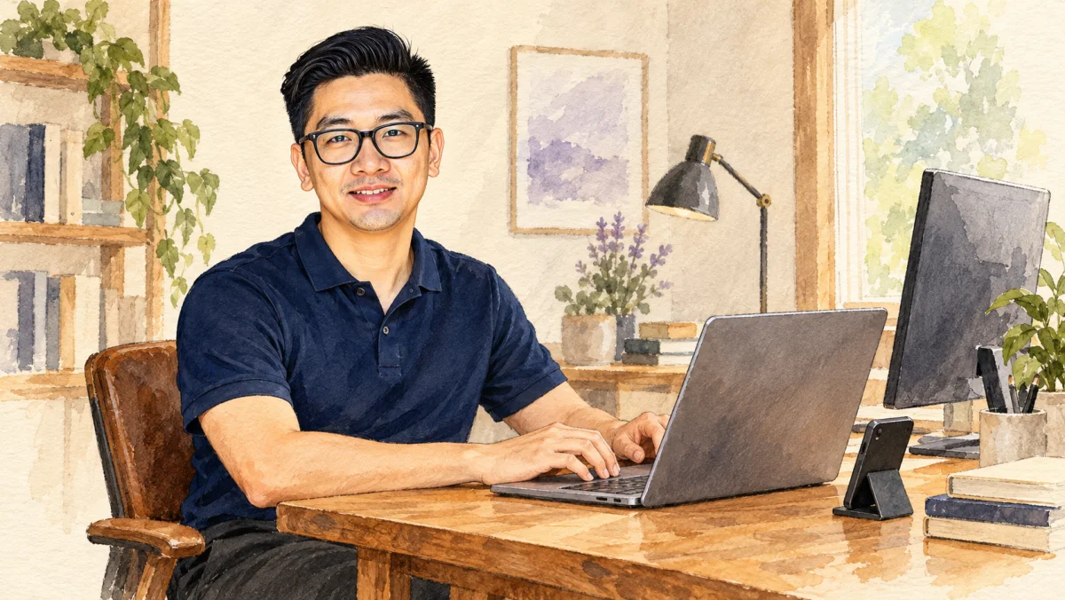 Watercolor illustration of Thomas Lee in glasses and a navy shirt, working at a desk with a laptop.
