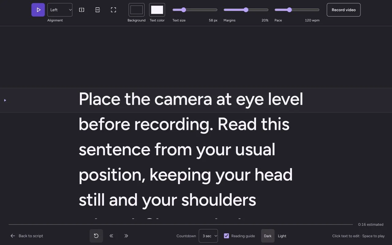 Free’s paused reader showing the sample passage at 58 px with 20% margins on each side.